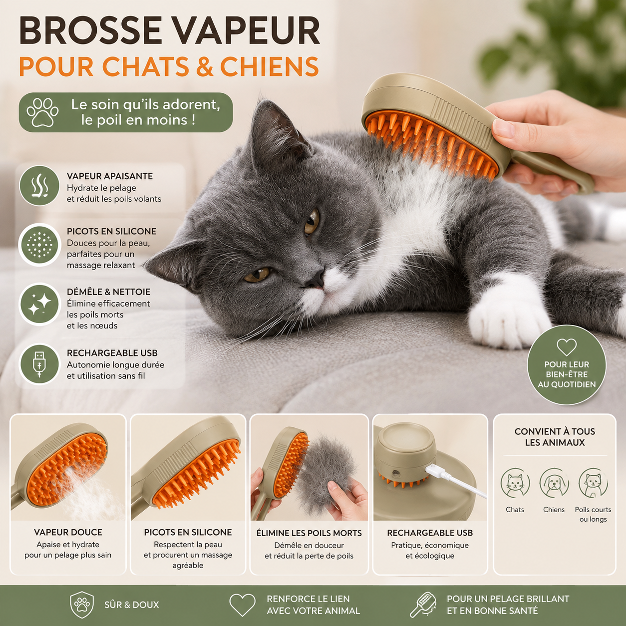 Brosse à vapeur anti poils 3 en 1